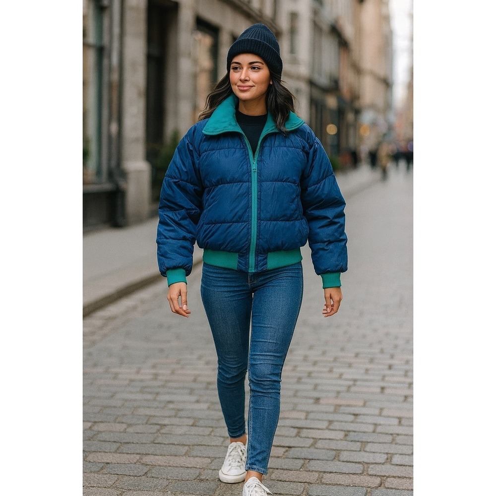 Vintage Columbia Duck Down Coat Puffer Reversible City Chic Sportswear Blue Aqua